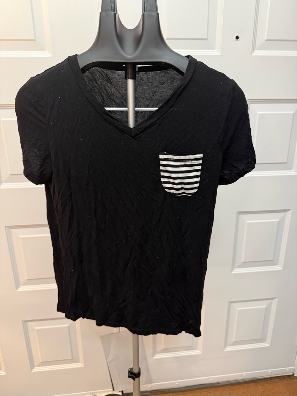 Black V-Neck Women's Tee with Striped Pocket